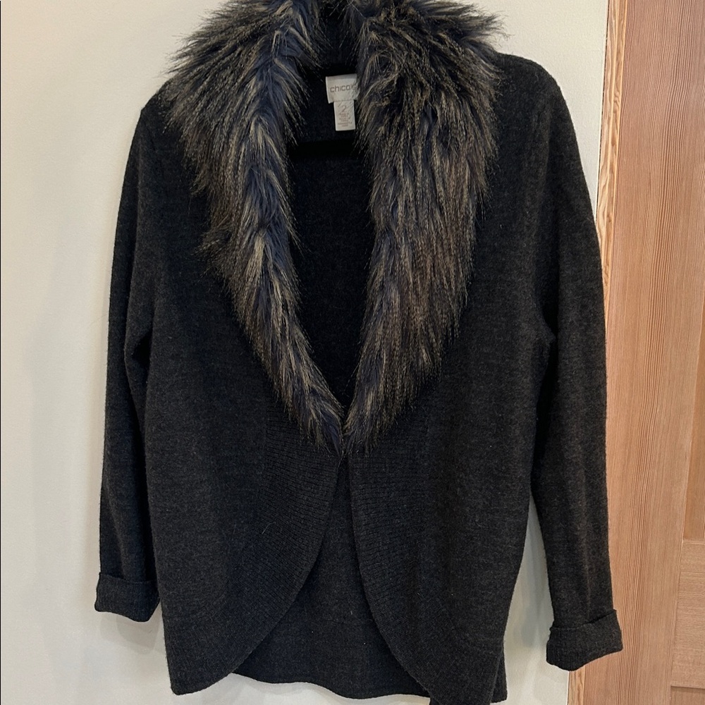 Chico's Elegant charcoal Cardigan with Faux Fur Trim